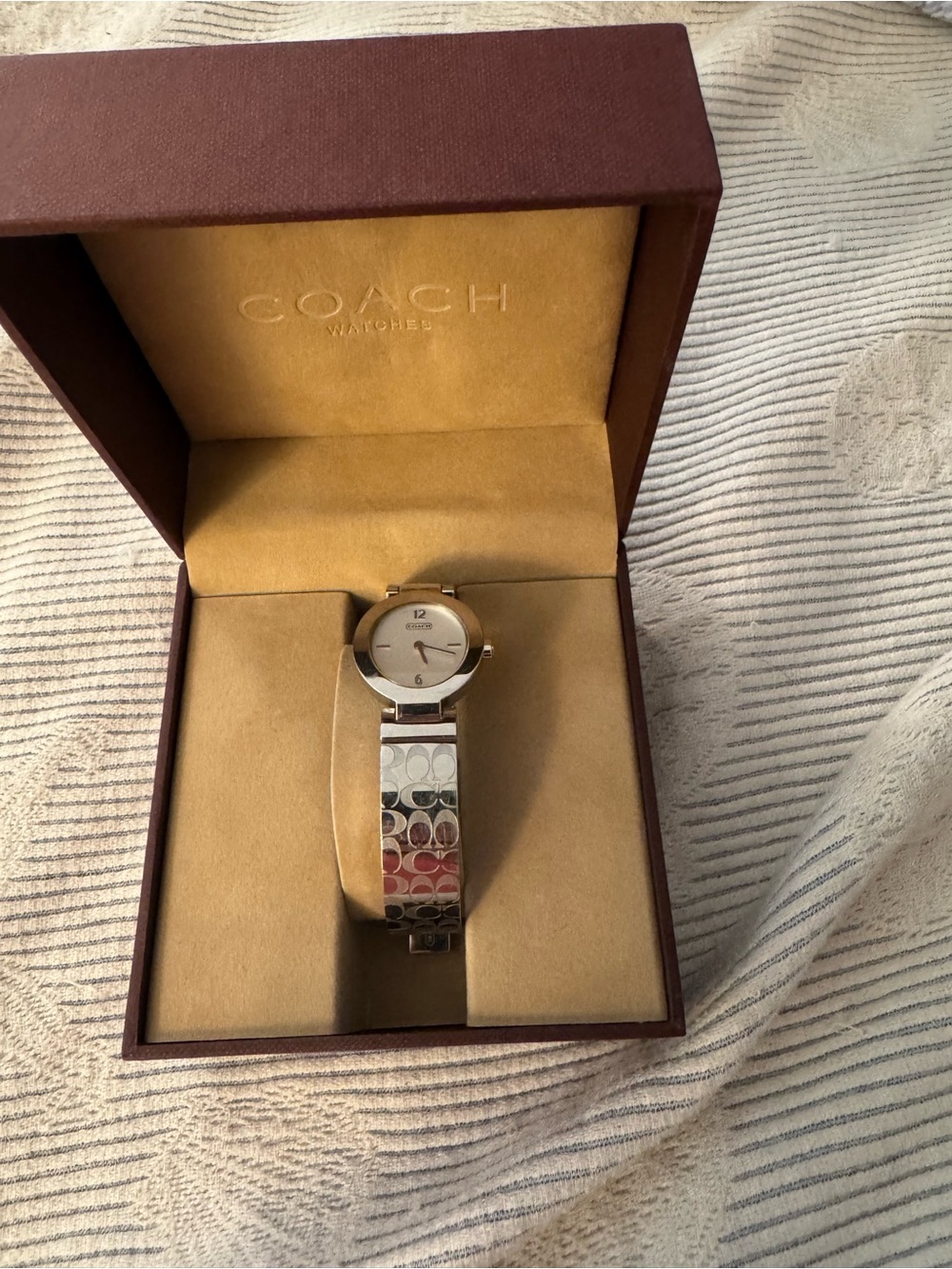 NIB Coach Silver-Tone Signature Cuff Watch with White Dial